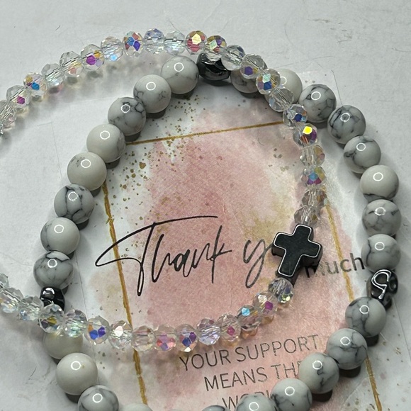 White Howlite & Crystal Cross Bracelet Set - Picture 2 of 3